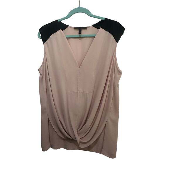 BCBGMAXAZRIA Women's Beige Black Gisele V-neck Draped Front Blouse Top Size L - Picture 2 of 7